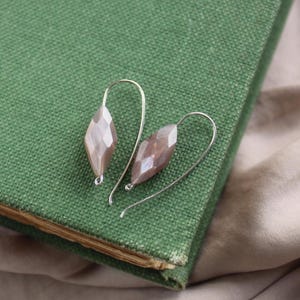 Minimalist gemstone earrings, chocolate moonstone earrings, simple hook earrings, handmade gem dangle earrings silver, brown moonstone