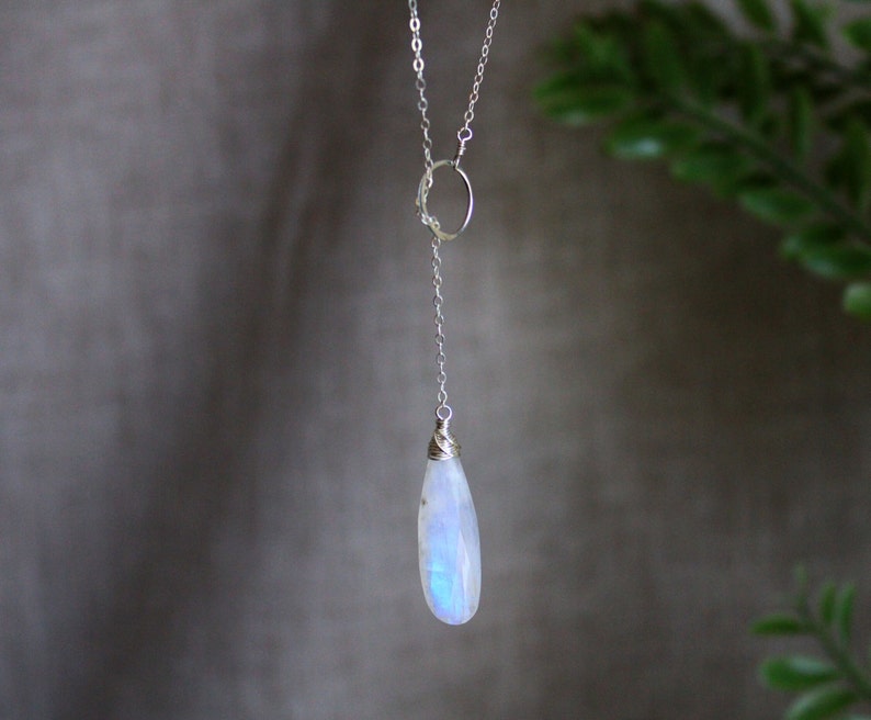 Long Moonstone Y Necklace, Gemini birthday gift for her, bridal jewelry, June birthstone necklace, genuine rainbow moonstone pendant image 3