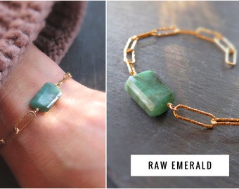 Emerald Bracelet, Raw emerald bracelet, May birthstone jewelry, dainty gemstone bracelet gift for her, gift for mom, silver or gold filled