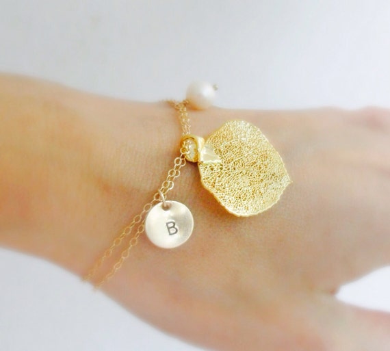Items similar to Gold Leaf Bracelet, Aspen Leaf Charm Initial & Pearl