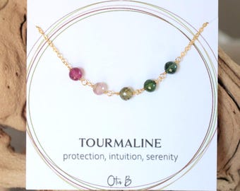 Ombre Watermelon Tourmaline necklace, October birthday gift for her, sterling silver, gold filled, chain with faceted tourmaline beads