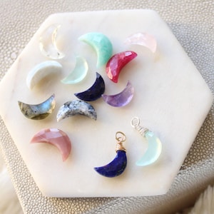 Natural stone crescent moon charm, wire wrapped pendant for permanent jewelry, premade wire wrapped pendant for charm collections, Otis B