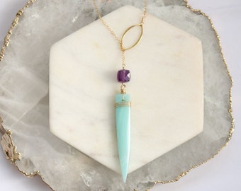 Aqua Amazonite dagger spike point necklace amethyst and amazonite, long necklaces for women, long gemstone lariat Y necklace, wrapped stones