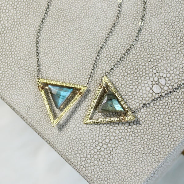 Triangle necklace, geometric Labradorite necklace, gemstone necklace, minimal necklaces for women, black and gold, green labradorite pendant