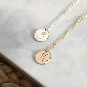 Initial coin necklace, simple dainty layering necklace, hand stamped letter coin charm, daughter gift for daughter niece sister bestie