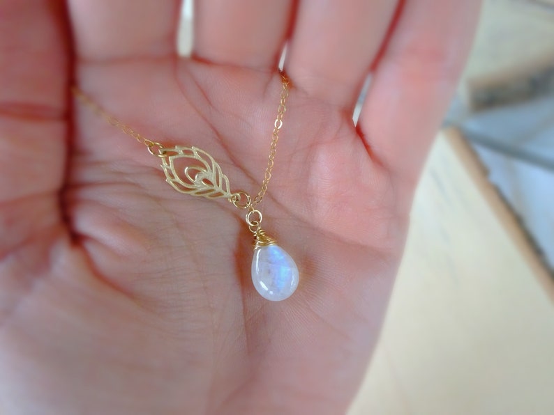 Rainbow Moonstone necklace, moonstone jewelry, peacock necklace, moonstone crystal necklace, necklace for bride, feather charm necklace image 4