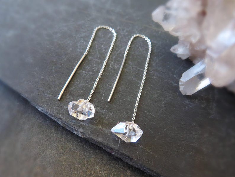 Sterling Silver Herkimer Diamond Threader Earrings, Raw Crystal Jewelry, April Birthstone image 4