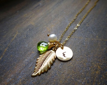 Gold Leaf Initial Necklace: Peridot Birthstone, Pearl Charm