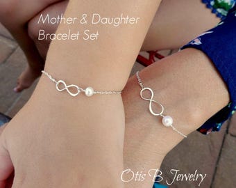 Mother Daughter Sterling Silver Infinity Bracelet Set: Pearl Jewelry Gift