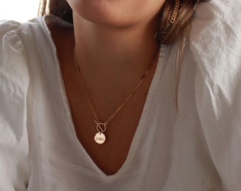 Personalized necklaces for women, initial coin charm toggle necklace, WATERPROOF, paperclip chain, graduation gift for her, customizable