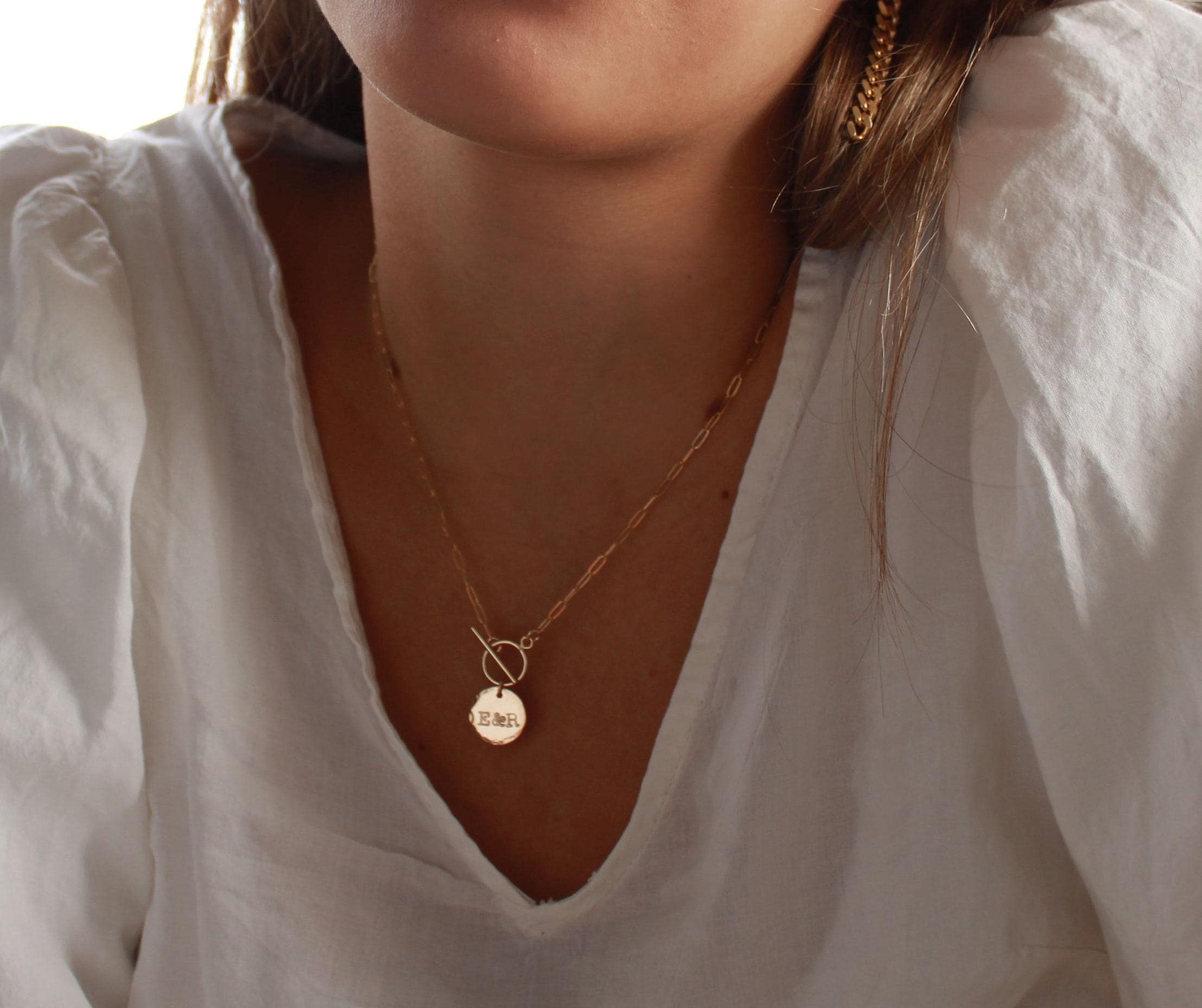Personalized necklaces for women, initial coin charm toggle necklace, WATERPROOF, paperclip chain, graduation gift for her, customizable