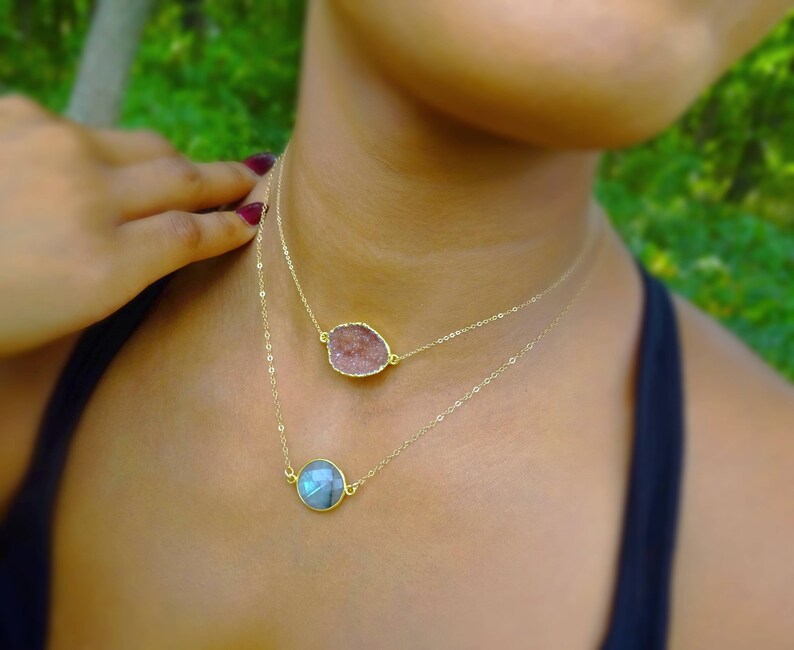 neutral color tan brown druzy crystal cluster raw agate druzy pendant necklace Gold edged druzy necklace natural crystal druzy necklace