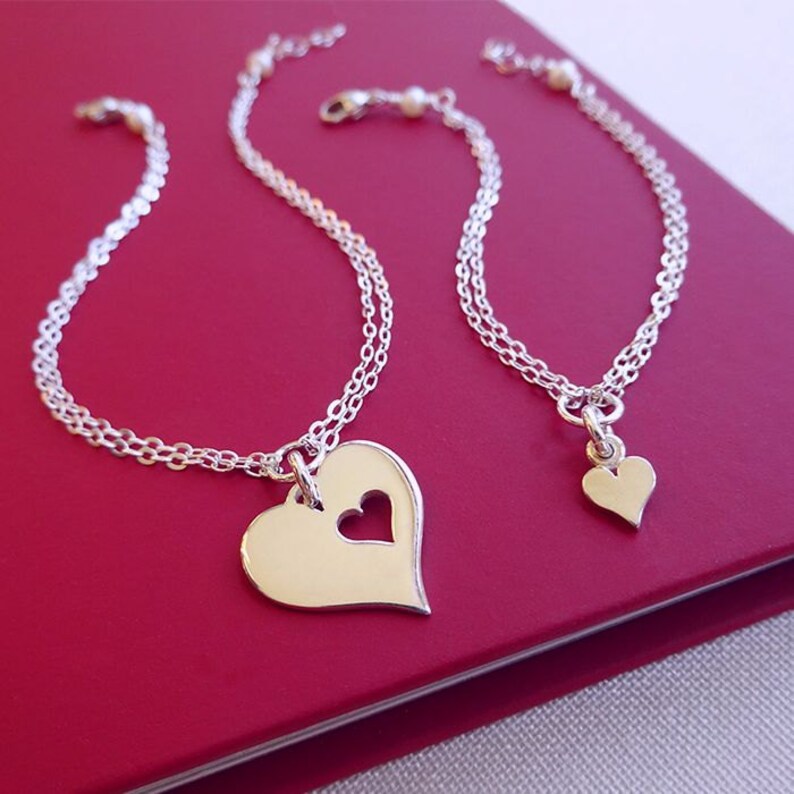 Mommy and me jewelry, kindergarten graduation gift, matching set of two heart charm bracelets for mother daughter, gift for girls,925 silver image 3