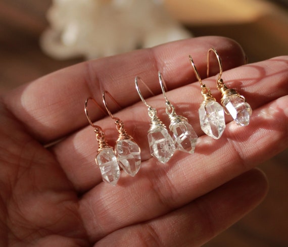 Dangling Herkimer Diamond Earrings April Birthstone Earrings Herkimer Crystal Sterling Silver Gold Filled Wrapped Herkimer Diamonds Etsy