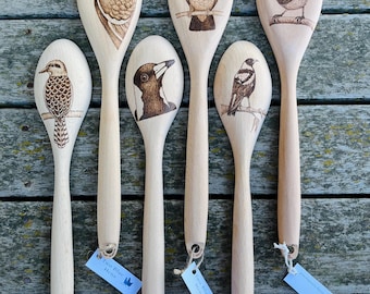 Handburned Australian Native Bird spoons, Magpie, Galah, Kookaburra, Fairy Wren, Native animal gifts