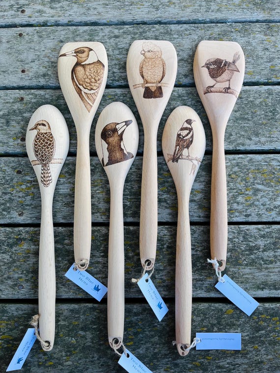 Handburned Australian Native Bird spoons, Magpie, Galah, Kookaburra, Fairy Wren, Native animal gifts