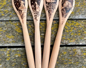 Handburned Forest animals on wooden spoons, woodland designs, cottagecore, handmade gift, love you to the moon and back, cooking spoons