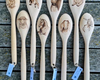 Handburned farm animal spoons