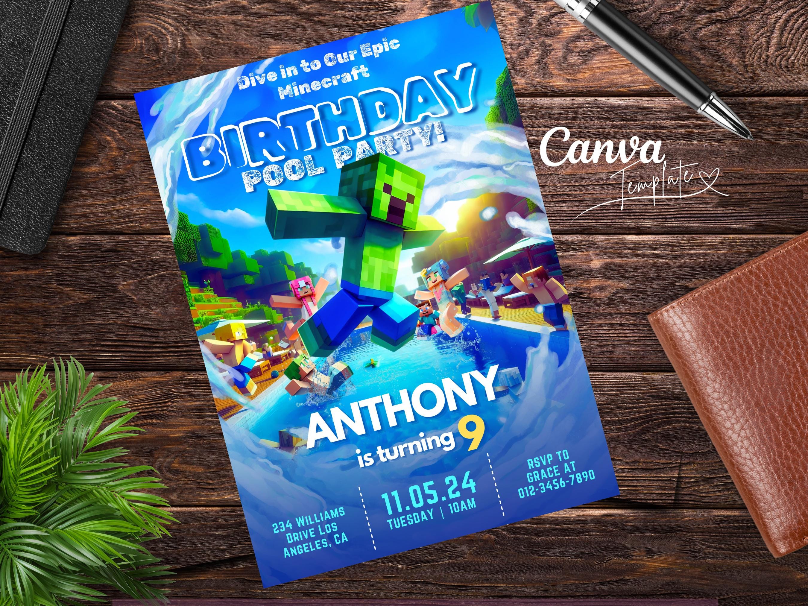 Minecraft Pool Party Splash Invite