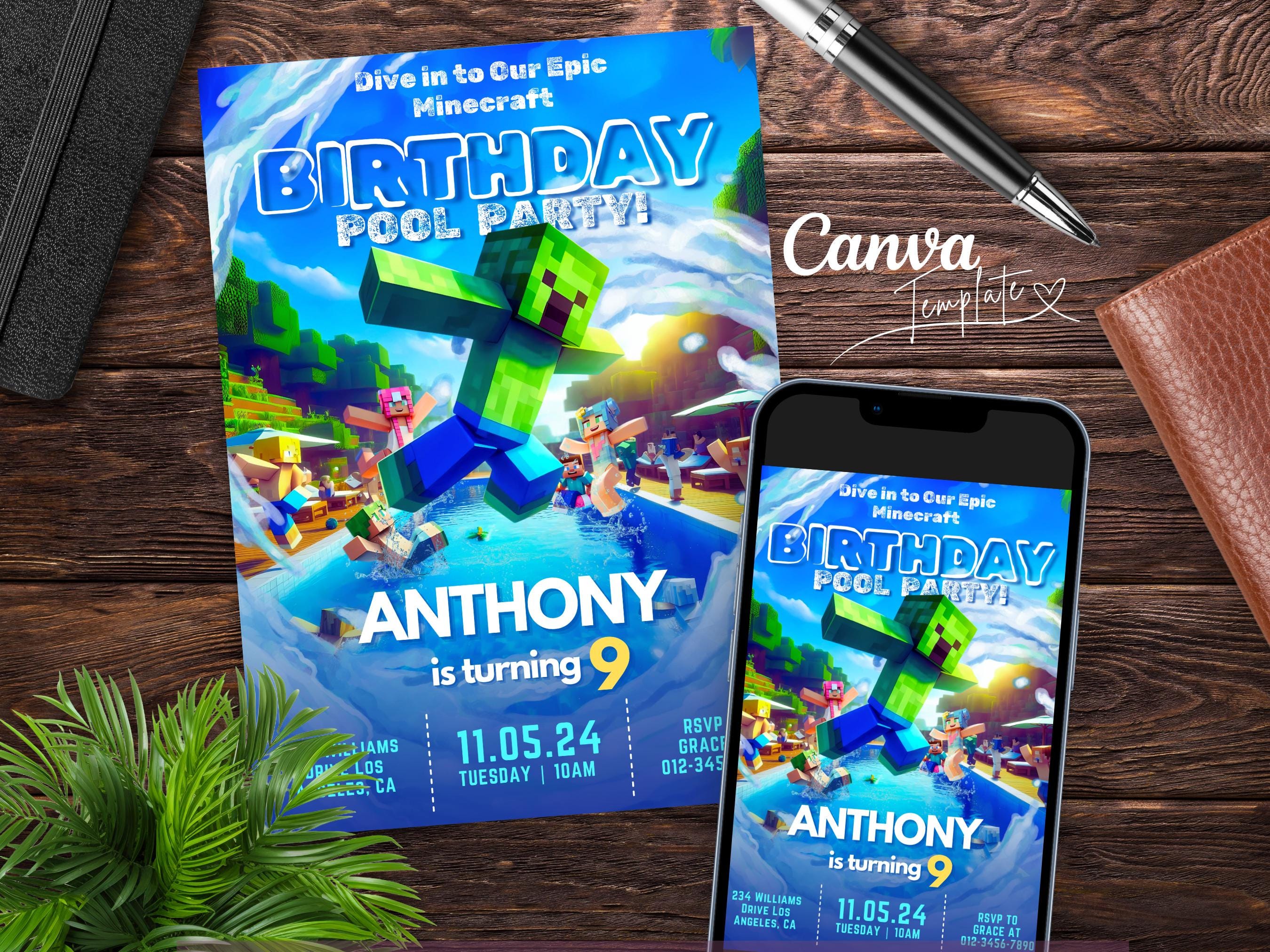 Minecraft Pool Party Splash Invite