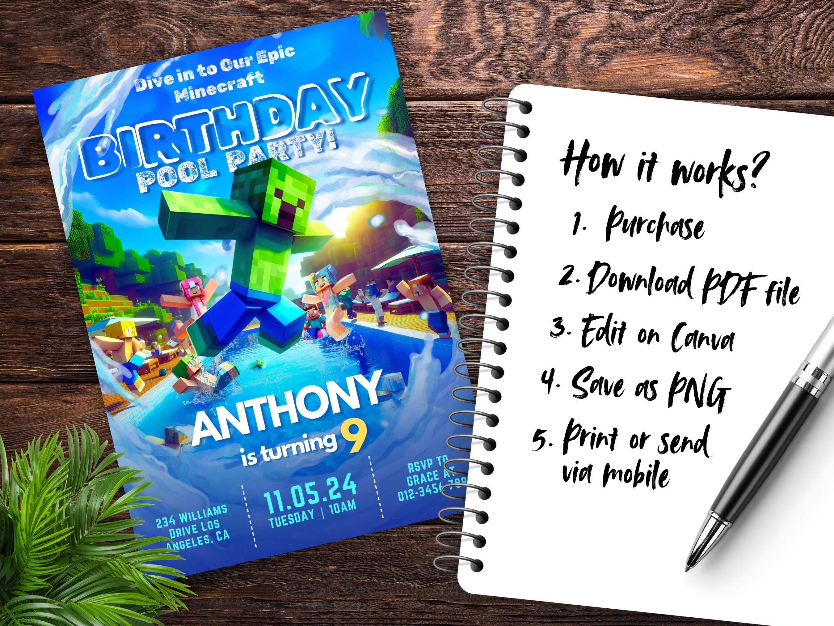 Minecraft Pool Party Splash Invite