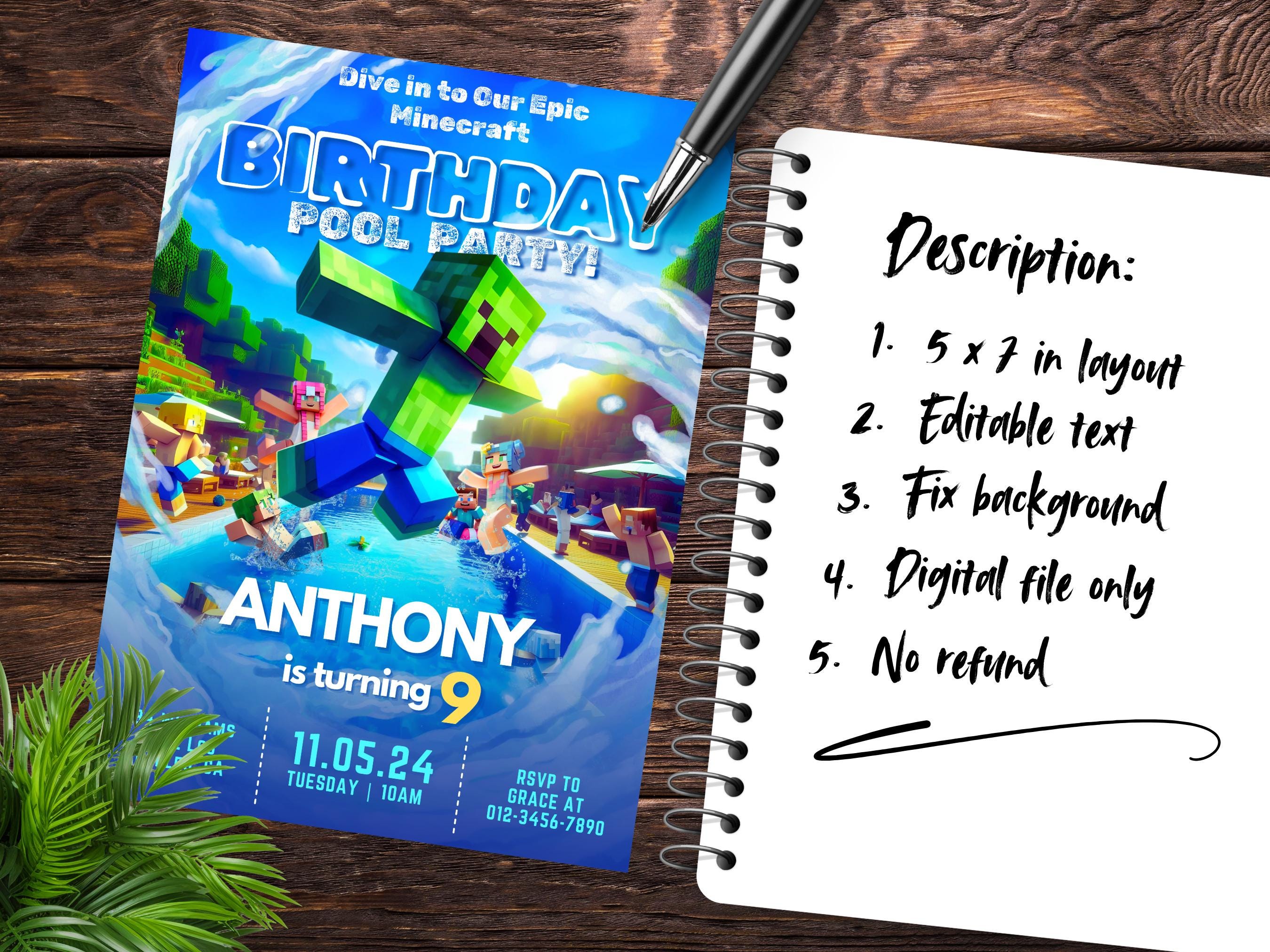 Minecraft Pool Party Splash Invite