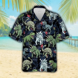 Tropical Night Dinosaur Hawaiian Shirt For Men & Women, Jungle Dinosaur Button Up Shirt, T-Rex Summer Beach Aloha Shirt Gift For Dino Lovers