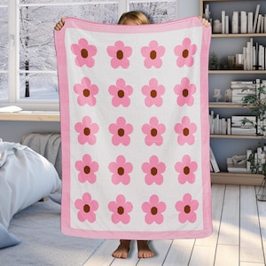 Hand-Embroidered Knit Blanket Pink Daisy Flowers Knitted Baby Blanket Floral Knitted Blanket Baby Shower Gift For Baby Newborn Baby Girls