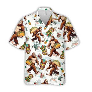 Tropical Bigfoot Taco Hawaiian Shirt For Men Women, Tacos & Tiki Masks Sasquatch Button Up Shirt, Cinco De Mayo Summer Beach Aloha Shirt