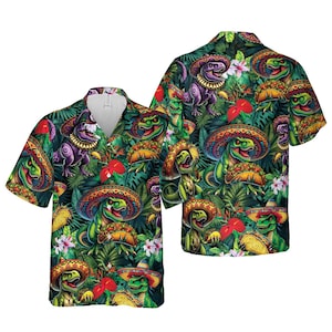 Cinco De Mayo Dinosaur Hawaiian Shirt For Men Women, Taco Dinosaur Sombrero Party Button Up Shirt, Tropical Jungle Dinosaur Fiesta Shirt