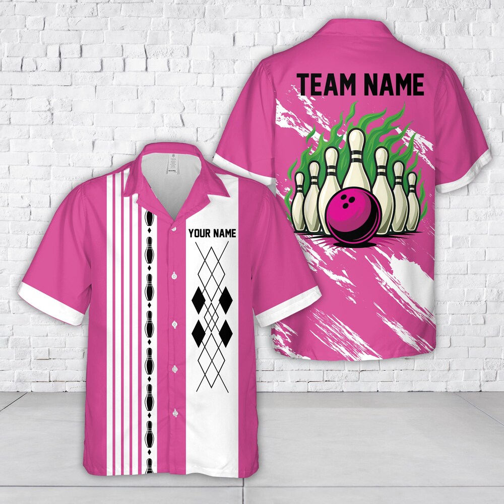 Personalized Name Scratches Bowling Hawaiian Shirt, Matching Bowling Team Shirt, Gift For Bowler, Custom Color Flame Bowling Button Up Shirt Alwasky