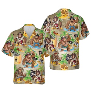 Camisa hawaiana de pirata Bigfoot para hombres y mujeres, camisa abotonada con diseño de criatura mítica divertida, camisa hawaiana de aventura pirata Bigfoot