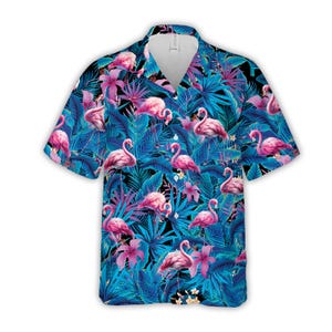 Tropical Flamingo Hawaiian Shirt For Men Women, Pink Flamingo Button Up Shirt For Flamingo Lover, Pink Birds Blue Foliage Summer Aloha Shirt