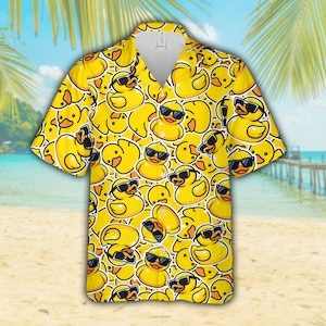 Cool Yellow Rubber Duck Hawaiian Shirt For Men & Women, Funny Quirky Duck Button Up Shirt, Summer Party Beachwear, Yellow Duckie Aloha Shirt