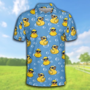 Bubble Duck Polo Shirt For Men & Women, Funny Quirky Rubber Duck Short Sleeve Shirt With Sunglasses, Summer Beach Party Shirt For Duck Lover