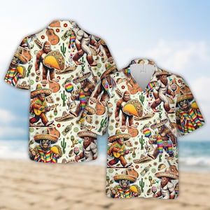 Cinco De Mayo Bigfoot Hawaiian Shirt For Men Women, Mexican Pinata Maracas Sombrero Taco Sasquatch Button Up Shirt, Mexican Festival Shirt
