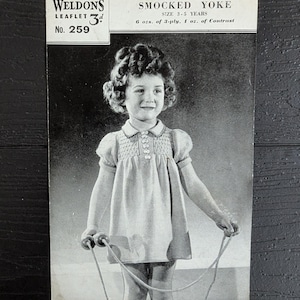 1940s Weldons Smocked Yoke Children's Frock Knitting Pattern (Ages 3-5)