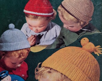 Vintage Knitting Pattern Children's Novelty Hats 1 to 3 Years Rabbits Chickens Sailor