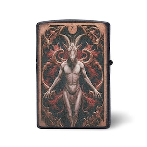 Unieke zippo-aanstekerdoos voor duivel-tarotkaart – Intrigerende satanische kunstprint met verleidelijke mystieke symbolen voor verzamelaars