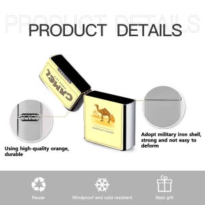 Estuche vintage para encendedor Camel, con tapa metálica estilo cigarrillo retro, regalo clásico inspirado en el tabaco amarillo para hombre. imagen 5