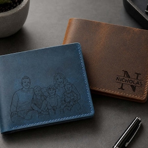 Op de afbeelding: Twee leren portemonnees. Eén is blauw met een familieportret op de voorkant. De andere is bruin met de naam "NICHOLAS" en een monogram. Beide portemonnees zijn gesloten en rechthoekig.