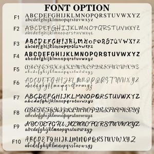 May include: A font option chart displaying ten distinct black typeface styles labeled F1 through F10. Each row features the full uppercase and lowercase English alphabet. The text FONT OPTION is centered at the top of the white rectangular background.