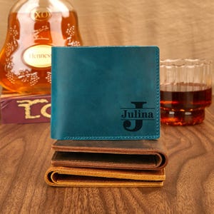 Cartera de cuero con logotipo personalizado para hombre, billetera de cuero Crazy Horse con nombre personalizado, billetera con foto grabada, regalo para novio, regalos para el Día del Padre