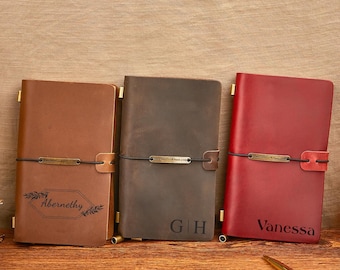 Diario de cuero personalizado, cuaderno de viaje grabado a medida, diario recargable hecho a mano, regalo para él o ella, regalo de graduación o del Día del Padre.