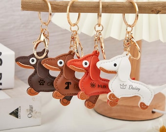 Personalized Dachshund Keychain, Custom Name Sausage Dog Keyring, Cute Dog Lover Gift, Faux Leather Bag Charm