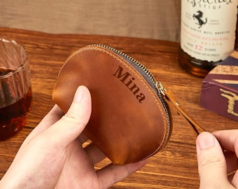 Custom Leather Coin Purse, Personalised Small Zipper Pouch,  Leather Purse, Coin Holder, Engraved Pouch, Crazy Horse Leather, Corporate Gift