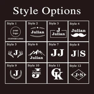 May include: A dark background displays twelve style options for custom logos. Each style is in a white box with a unique design, including initials, names, and graphic elements like antlers, mountains, and a mustache. The text "Style Options" is at the top.