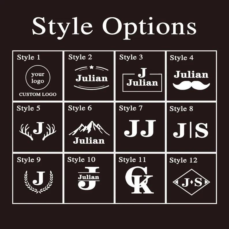 May include: A dark background displays twelve style options for custom logos. Each style is in a white box with a unique design, including initials, names, and graphic elements like antlers, mountains, and a mustache. The text "Style Options" is at the top.