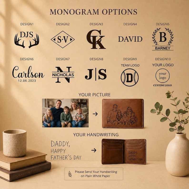 Pu&ograve; includere: Immagine promozionale che mostra portafogli in pelle personalizzati con opzioni di monogramma e foto. L'immagine mostra vari disegni di monogrammi, una foto di famiglia e il testo "DADDY, HAPPY FATHER'S DAY."