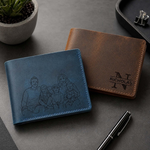 Personalized Handmade Leather Mens Wallet,Custom Engraved Genuine Leather Wallet,Leather Wallet with Name and Photo,Father's Day Gift